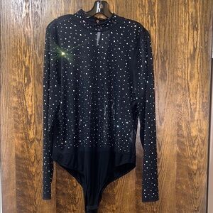 Black Sheer/Mesh Long Sleeve Bodysuit with Rhinestones/Studs Size 3X NWT
